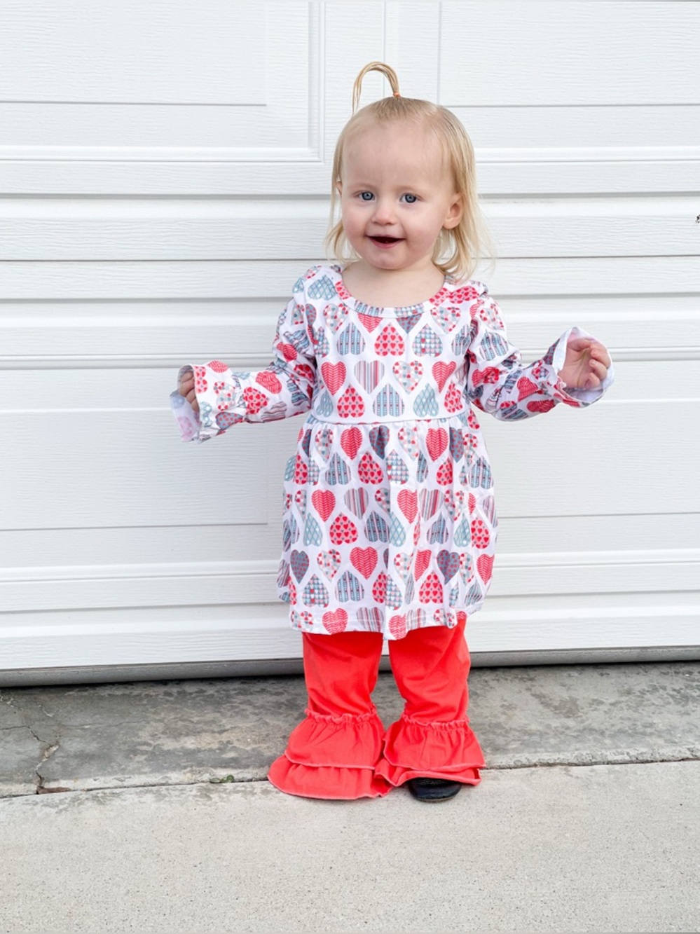 Girls Heart Print Tunic & Coral Ruffle Pants Set